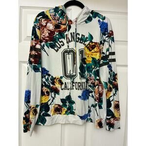 Los Angeles Floral Hoodie Women XL White Rose Graphic Sweatshirt Cali